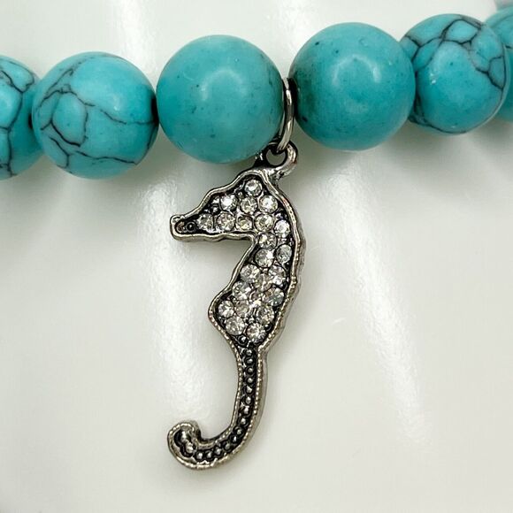 Faux Turquoise Beaded Rhinestone Seahorse Charm Stretch Bracelet - Picture 3 of 8
